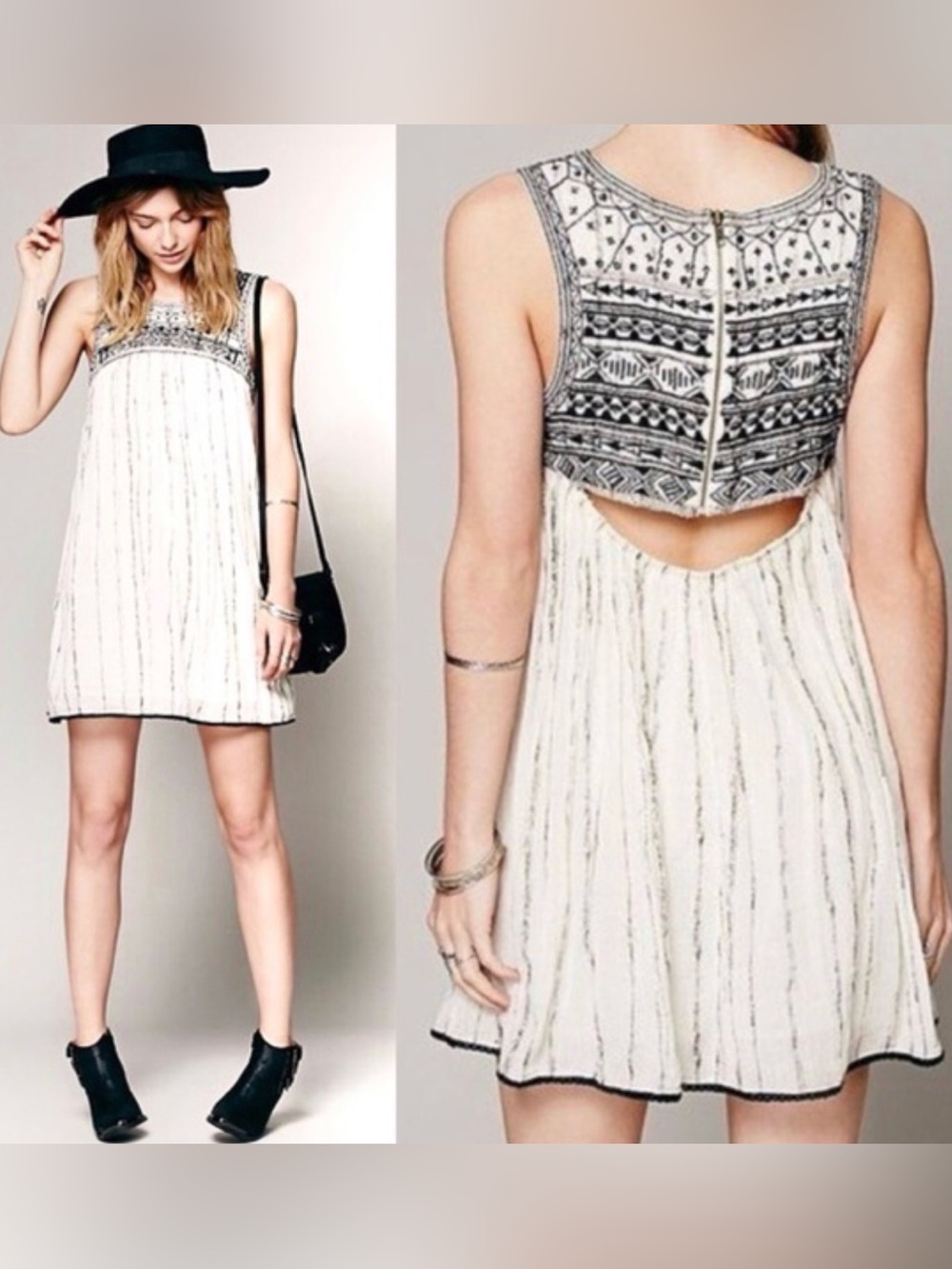 Free People Beaded Embroidered Boho Dress | Size 2 | Ivory Black